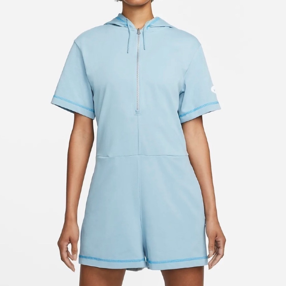 NWT Nike Sportswear Hooded Zip Front Romper in Light Blue